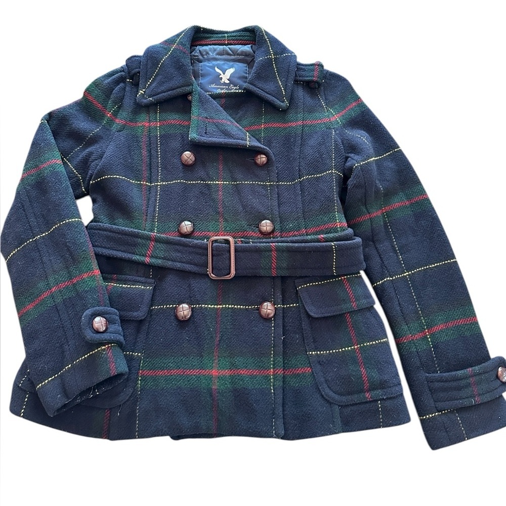 American Eagle AE Pea Coat Womens SP Navy Blue Plaid‎ Button Jacket Wool Blend